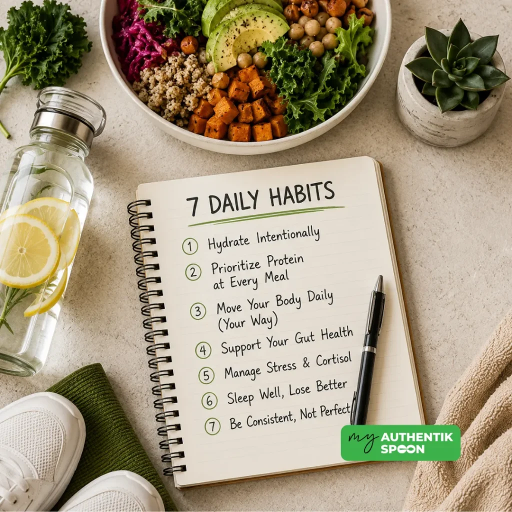 sustainable weight loss habits checklist with healthy meals hydration movement gut health and stress support