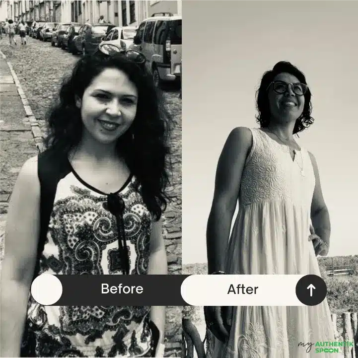 Before and after photo of Asmaa who reversed insulin resistance through weight loss and lifestyle changes