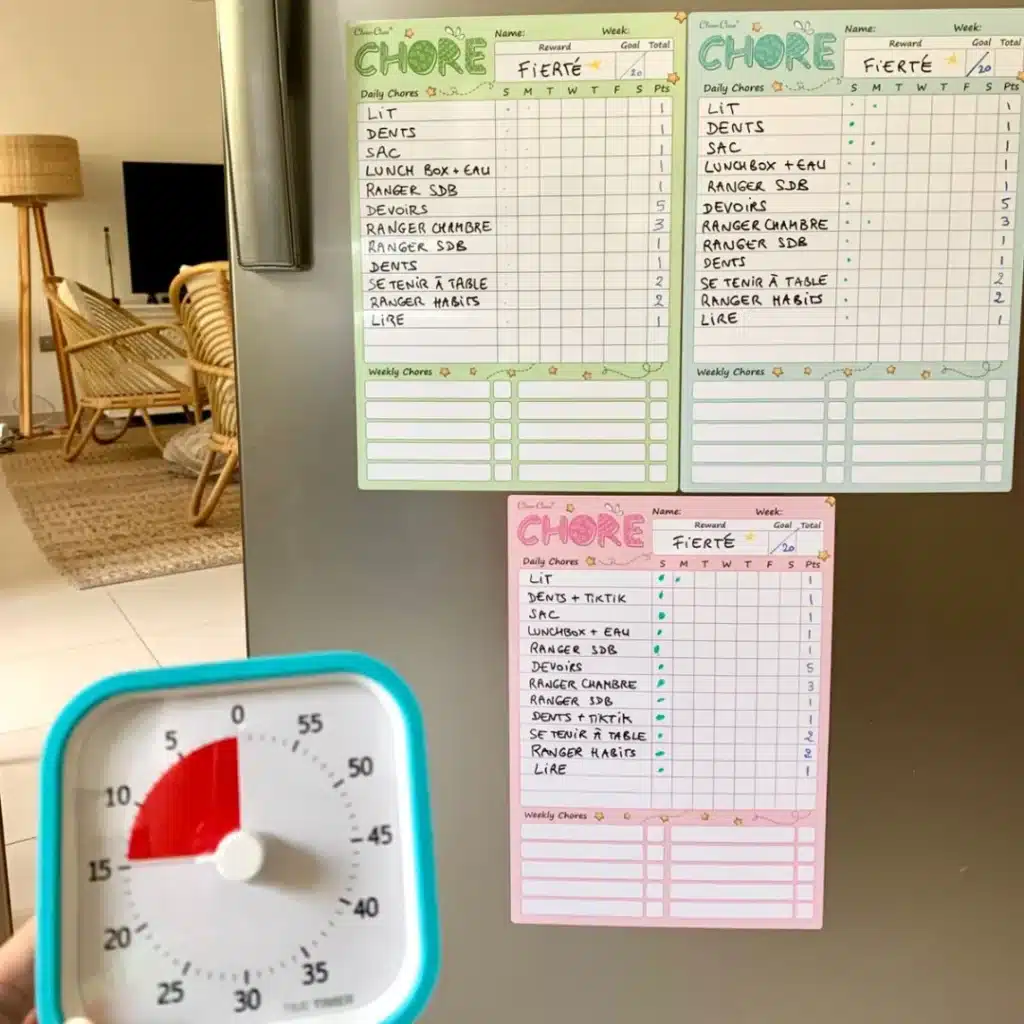 Chore charts and visual timer on a fridge helping children manage routines and reduce back to school anxiety