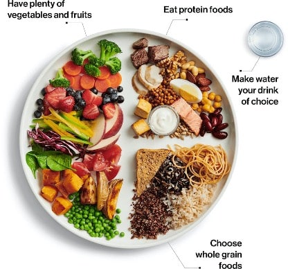 Healthy balanced meal following the Bastyr plate model, featuring an array of vegetables, fruits, protein sources, and whole grains with a glass of water.