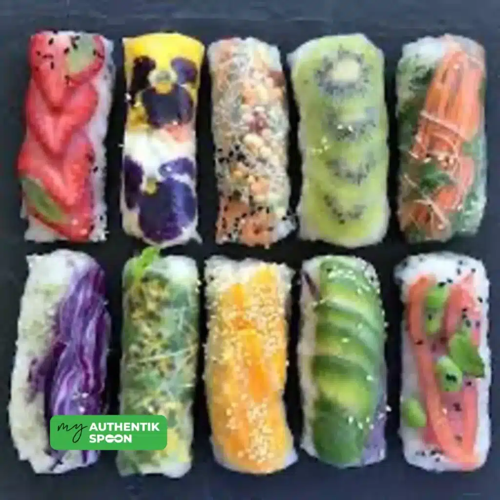 Colorful fresh rolls with fruits and vegetables showing anti-inflammatory foods that help reduce belly fat naturally.