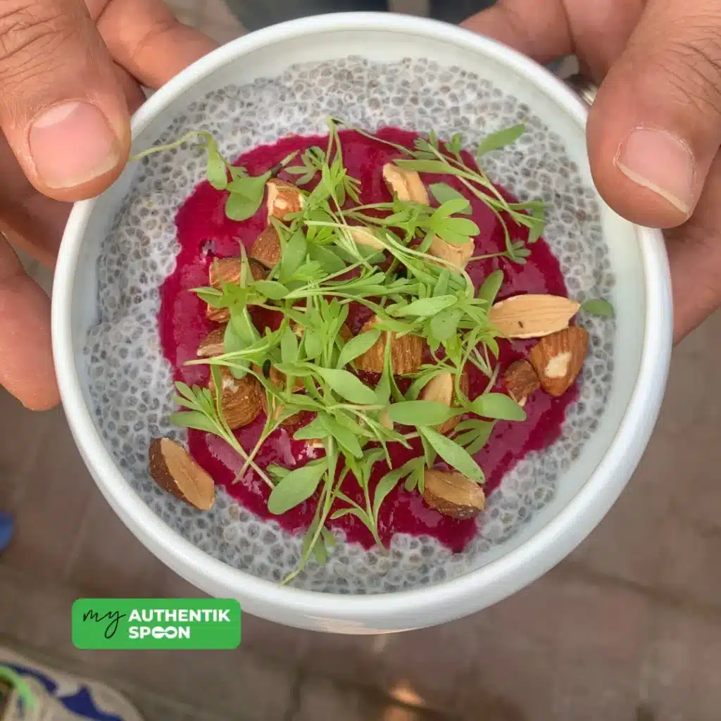 Chia pudding made with soaked chia seeds that form a protective gel to support digestion and soothe the gut