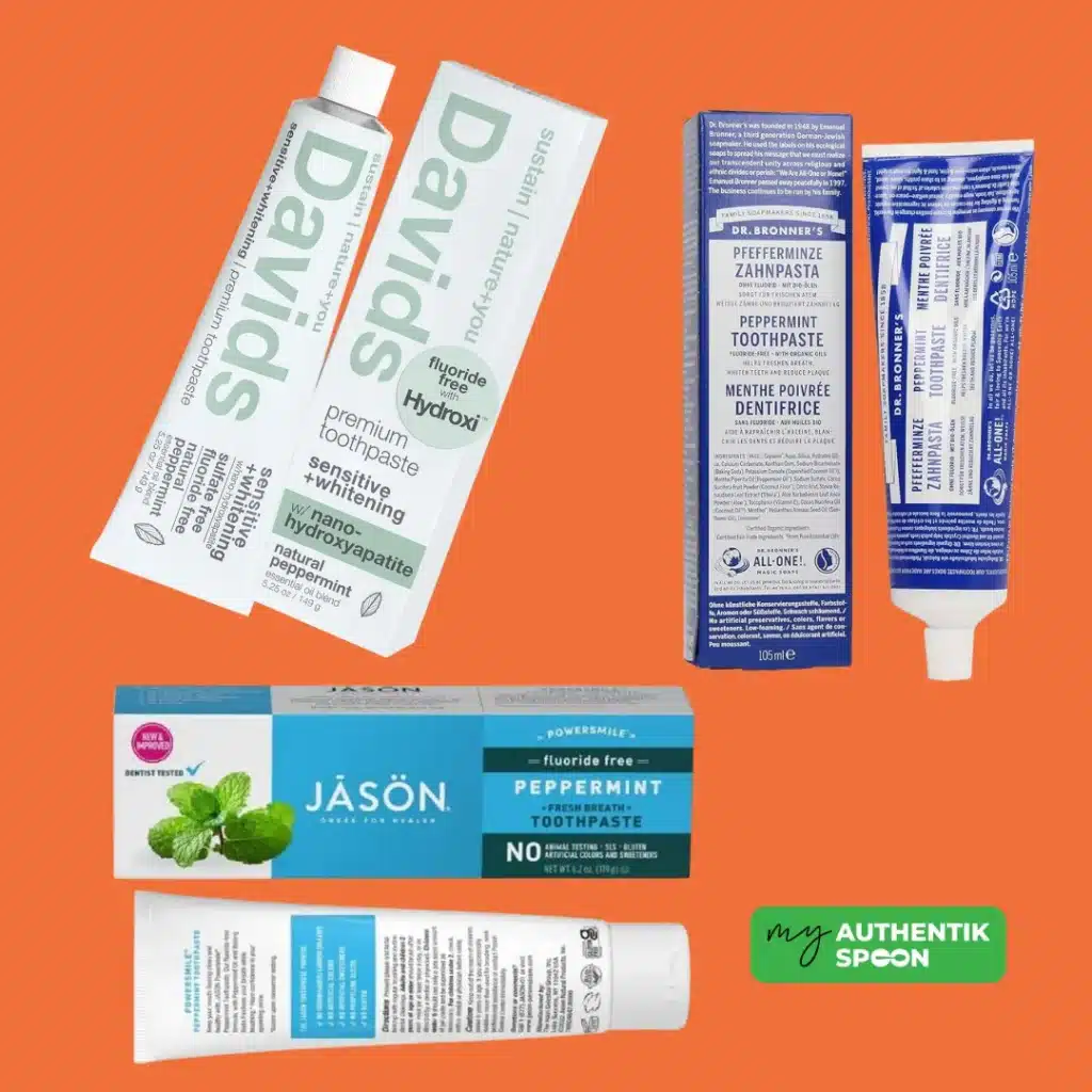 Fluoride-free natural toothpaste on bathroom counter