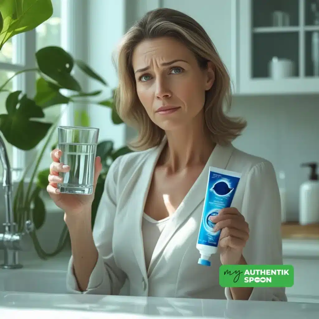 Woman holding toothpaste and water bottle, worried about thyroid health