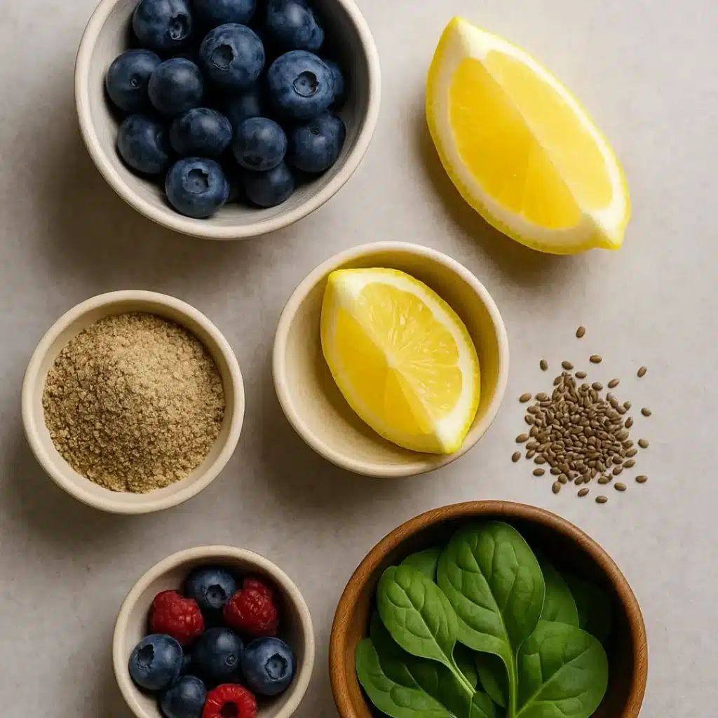 Fresh smoothie ingredients including blueberries, lemon wedges, flaxseeds, ground seeds, raspberries, and baby spinach.