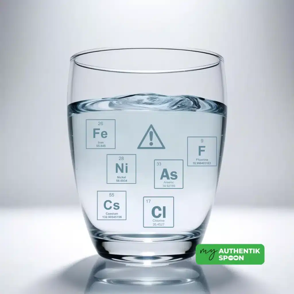 Glass of water showing invisible contaminants like arsenic, chlorine, fluoride, and heavy metals
