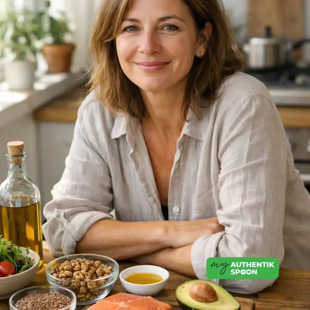 Woman over 35 in a kitchen with omega-3 rich foods like salmon, walnuts, avocado, and olive oil, illustrating an anti-inflammatory lifestyle after 35