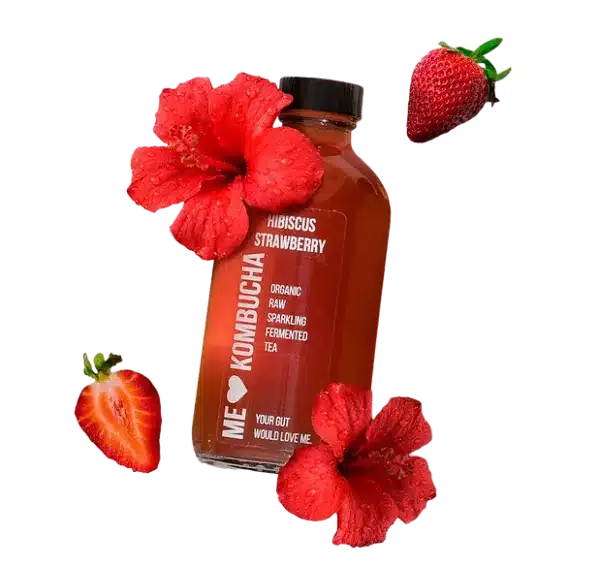 Kombucha prepared with raw hibiscus strawberry kombucha, gut-friendly fermented drink