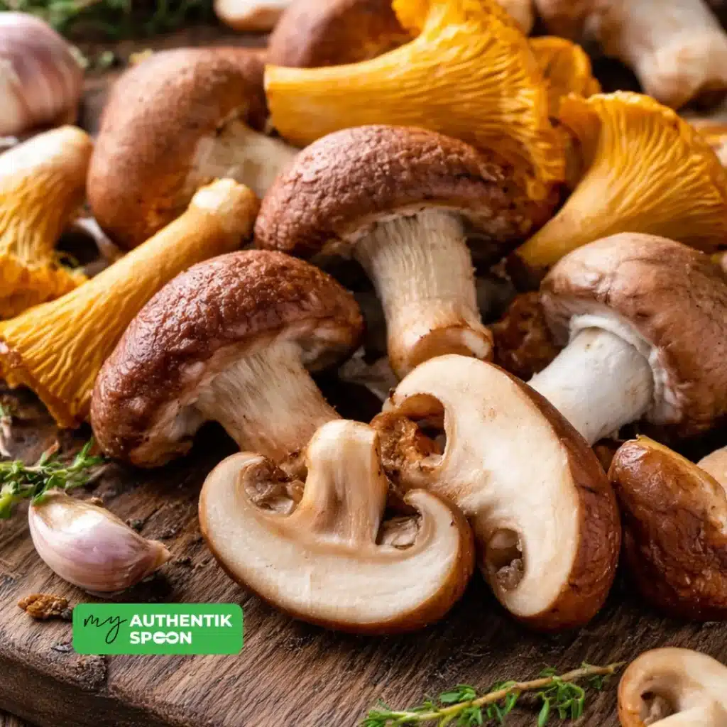 Fresh shiitake and chanterelle mushrooms displayed on a rustic wooden board