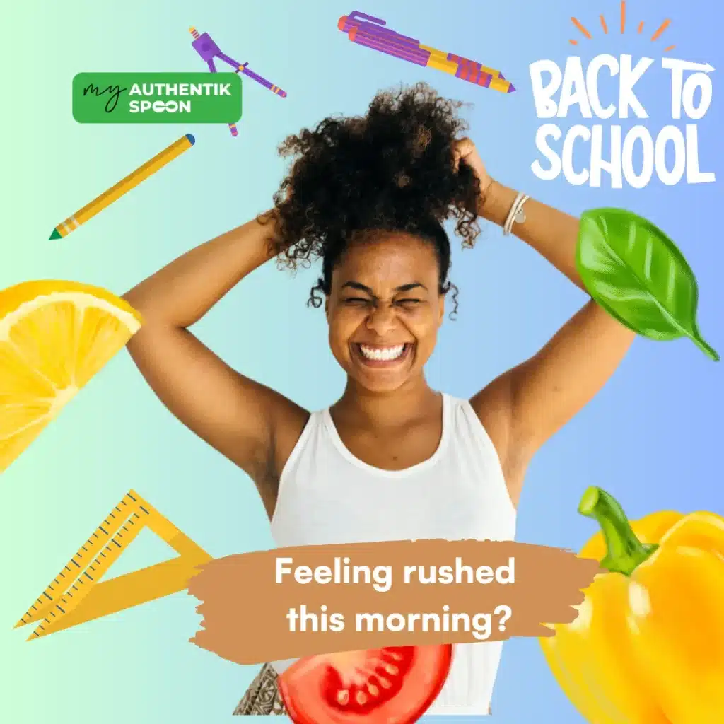 Back to School: Smiling woman playfully pulling her hair in a bright, colorful back-to-school themed image, surrounded by floating school supplies and healthy food illustrations like lemon, tomato, and bell pepper, with the text “Feeling rushed this morning?”