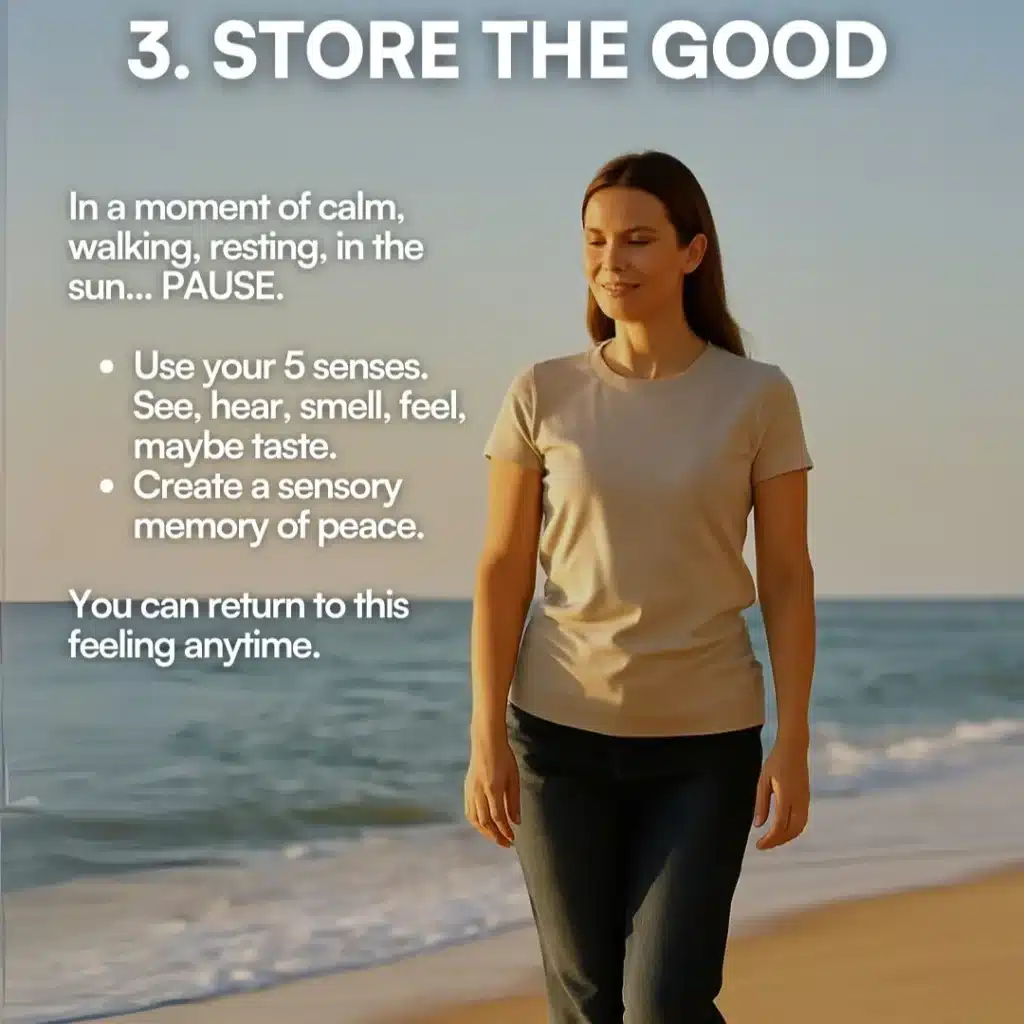 Woman using sophrology stress relief on the beach to create a sensory memory and reconnect with calm