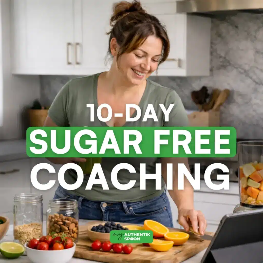 10 day sugar free coaching program showing healthy meal prep for weight loss, gut health, stable energy and reduced cravings