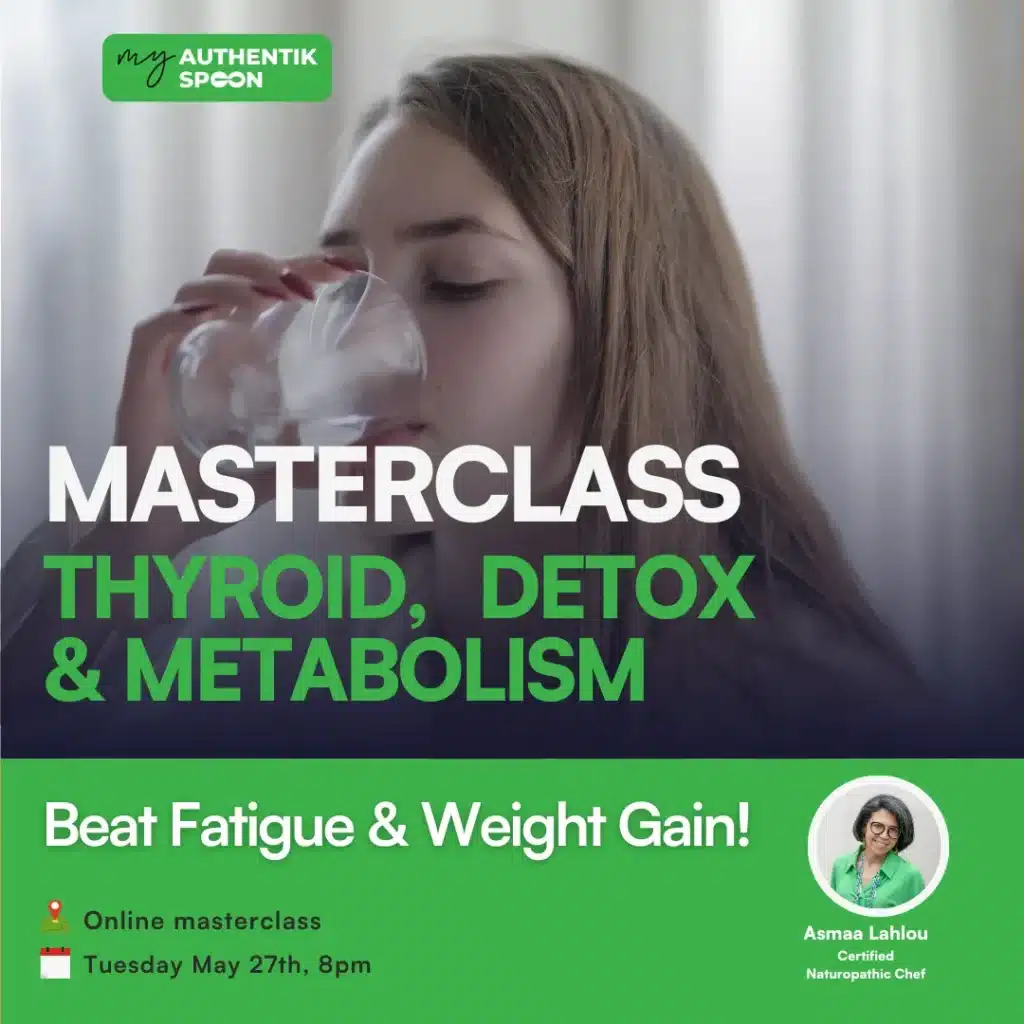 Webinar on thyroid, detox, and metabolism featuring a woman drinking water; learn how toxins affect energy, weight, and hormone balance