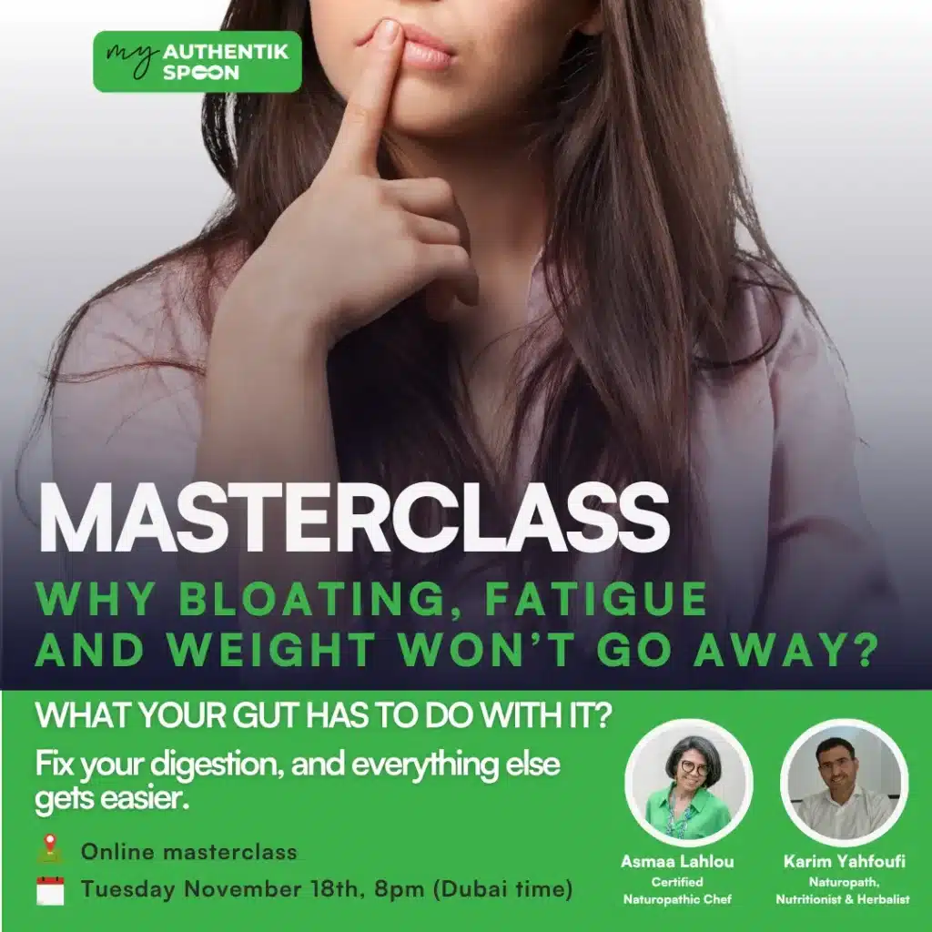 Masterclass on why bloating, fatigue, and weight won’t go away, led by Asmaa Lahlou and Karim Yahfoufi.