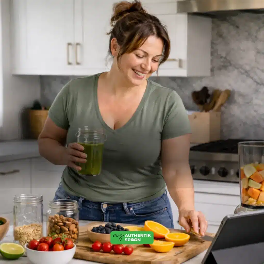 Woman preparing a healthy green smoothie in the kitchen during a sugar reset to reduce cravings, gain energy, and support weight loss.