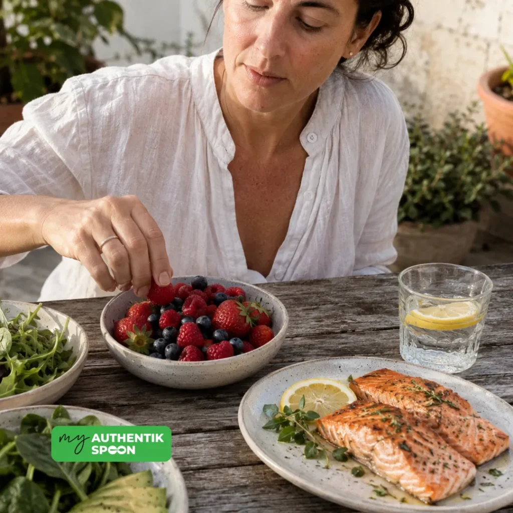 Anti inflammatory foods for summer including berries, salmon, and leafy greens.