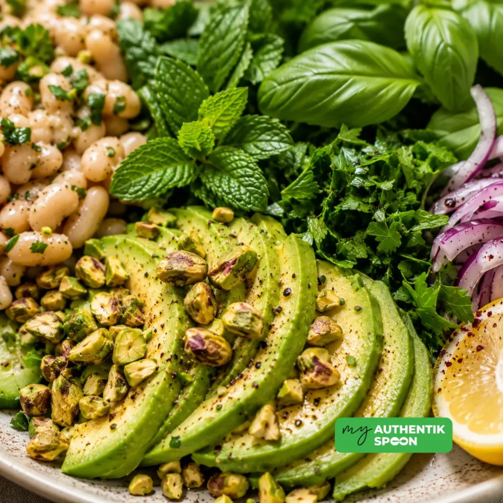 Avocado, pistachios and fresh herbs used in a high protein summer salad to support gut health, hormone balance and satiety