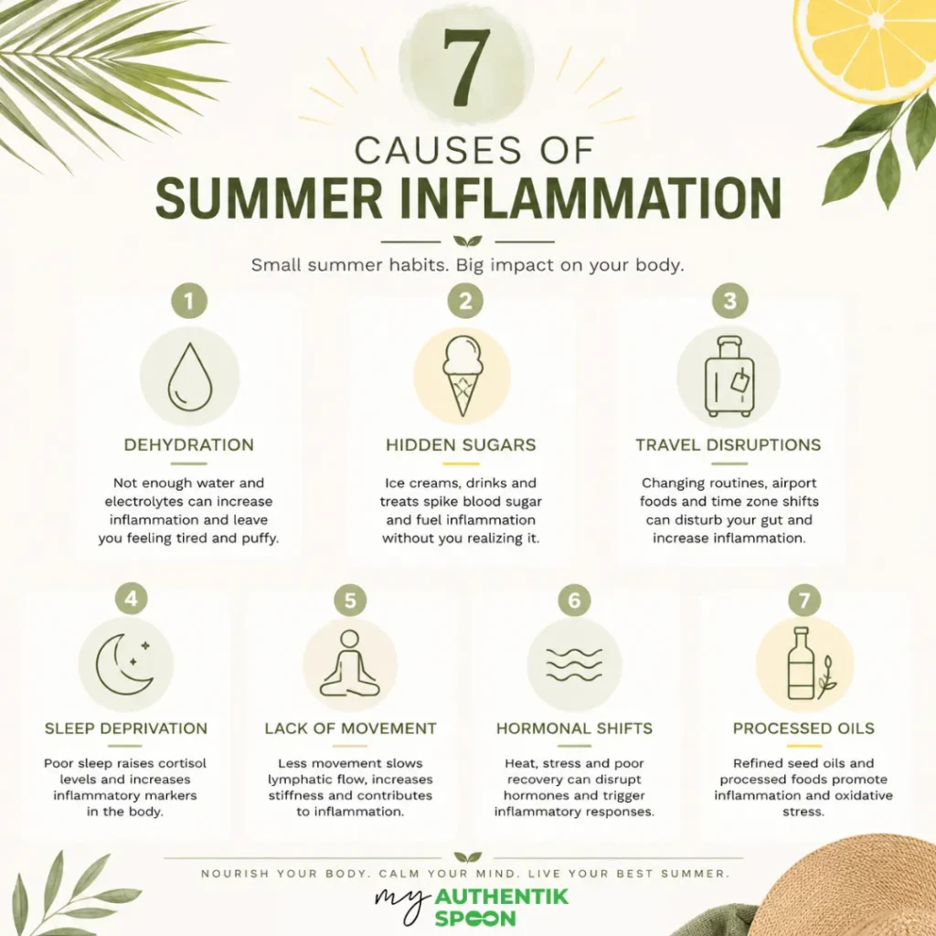 Chart detailing 7 causes of summer inflammation including heat, sugar, and sleep loss.