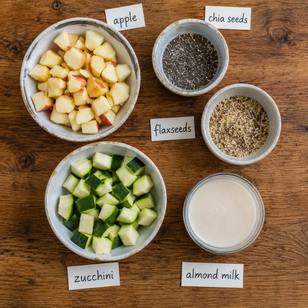 Fibre-rich smoothie ingredients including apple, zucchini, chia seeds, flaxseeds and almond milk for gut health