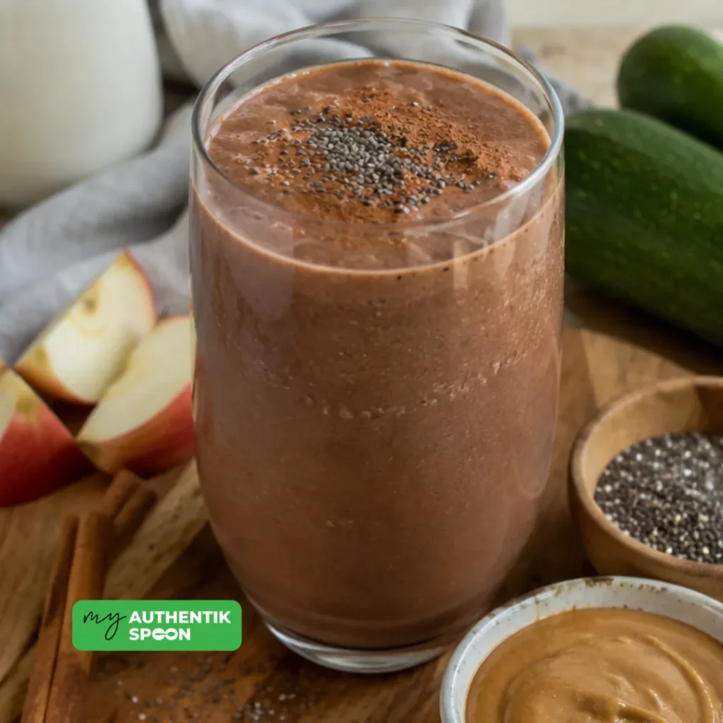 High protein breakfast smoothie with chocolate, nut butter, chia seeds and over 30g of protein