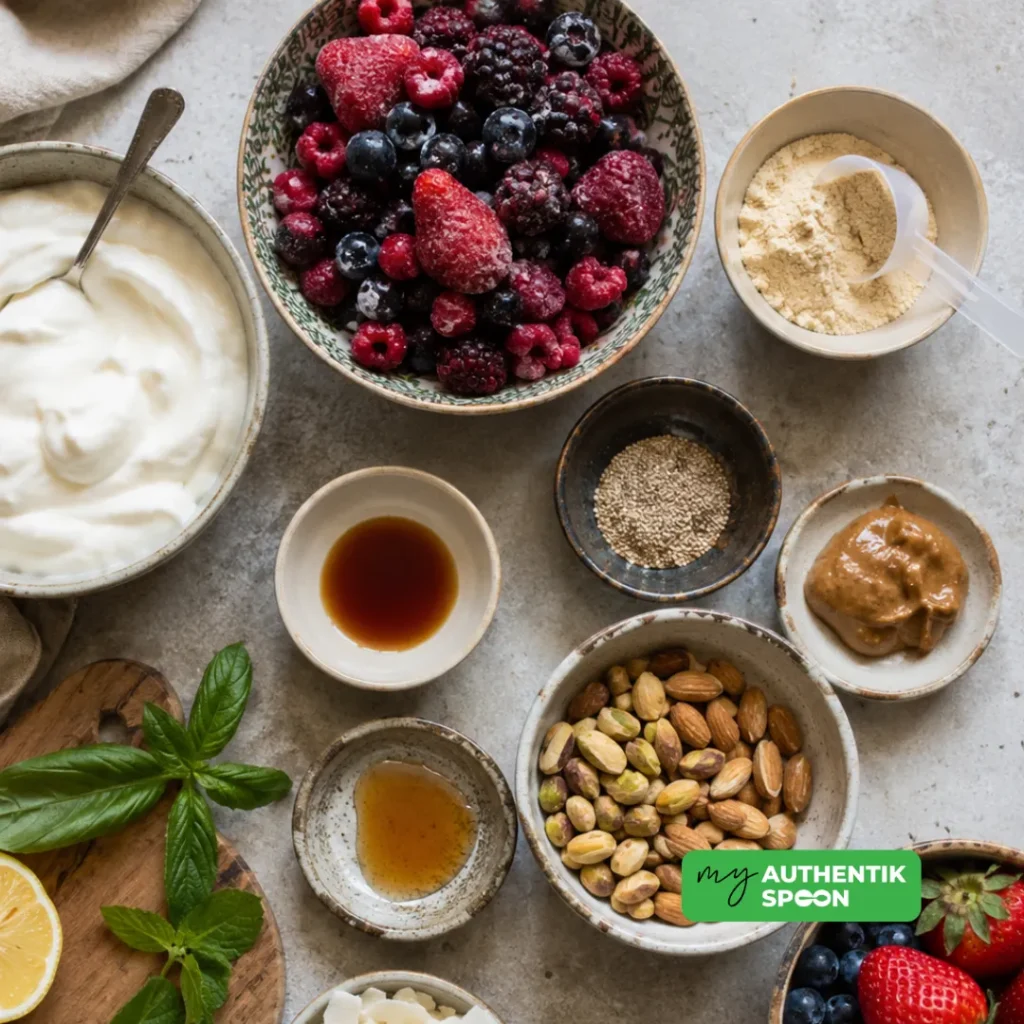 High Protein Frozen Yogurt Recipe ingredients including Greek yogurt, berries, almonds and pistachios