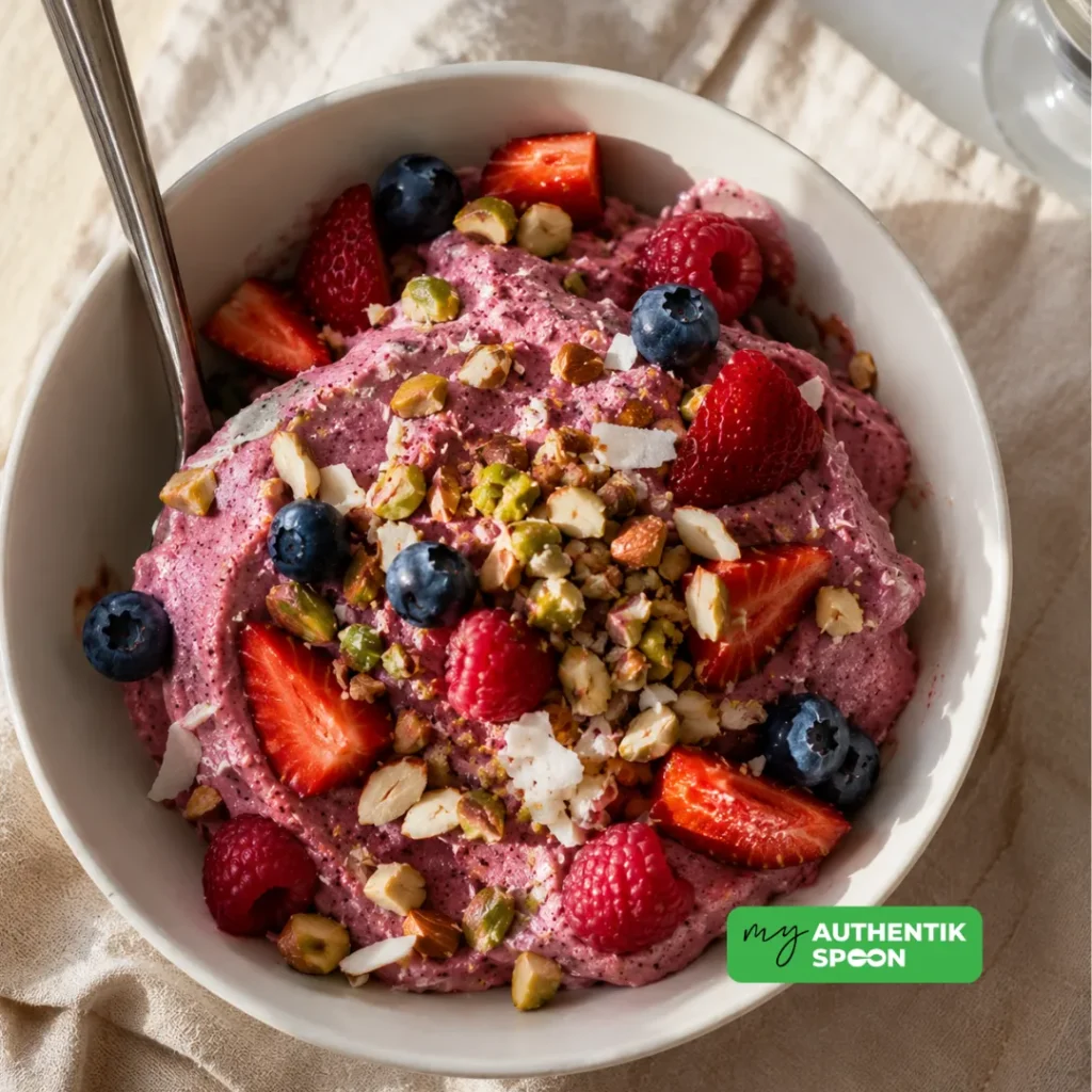 High Protein Frozen Yogurt Recipe topped with fresh strawberries, blueberries, toasted pistachios, almonds and coconut flakes