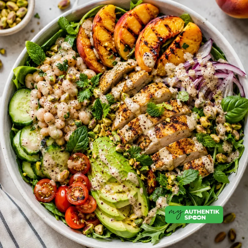 High protein summer salad with grilled peaches, chicken, white beans, avocado, pistachios and lemon-sumac tahina dressing