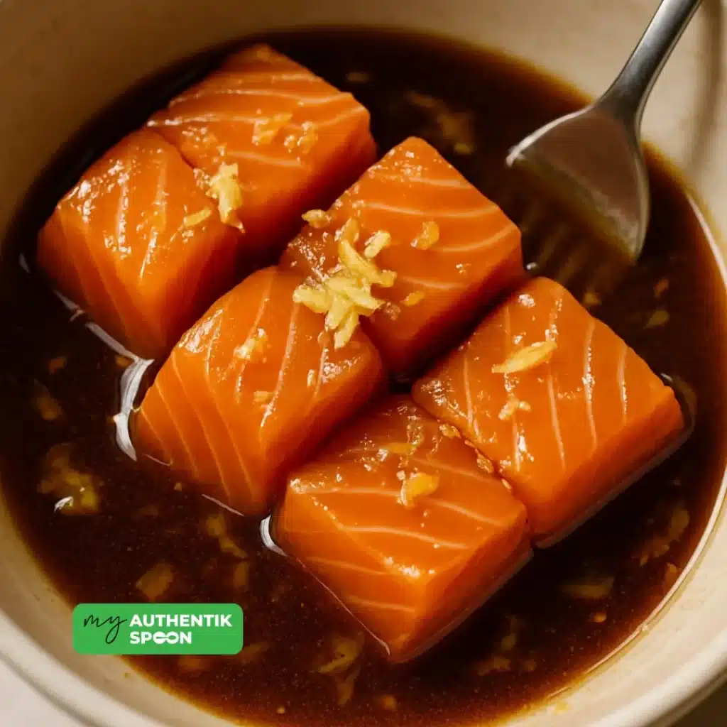 poke bowl marinated salmon cubes in tamari and ginger