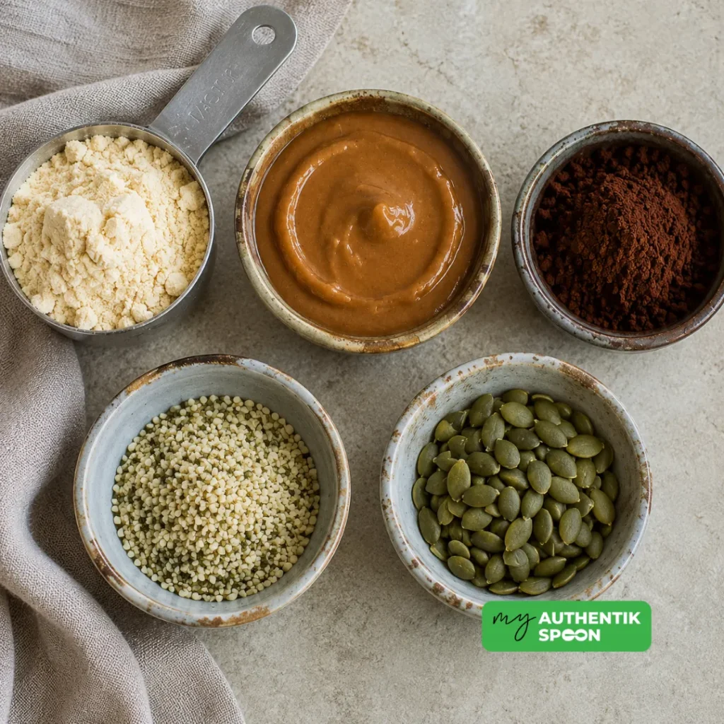 Protein-rich smoothie ingredients including nut butter, plant protein powder, hemp hearts and pumpkin seeds