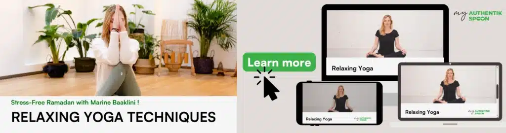 Marine Baaklini practicing a seated yoga pose in a bright, plant-filled space. On the right, a preview of the Relaxing Yoga Techniques course displayed on a laptop, tablet, and smartphone. A “Learn More” button invites users to explore the program.