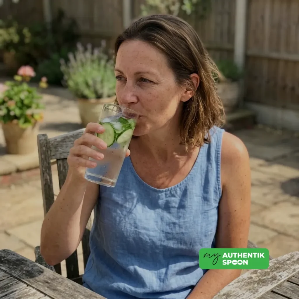 Woman holding glass of cucumber mint water to beat summer inflammation.